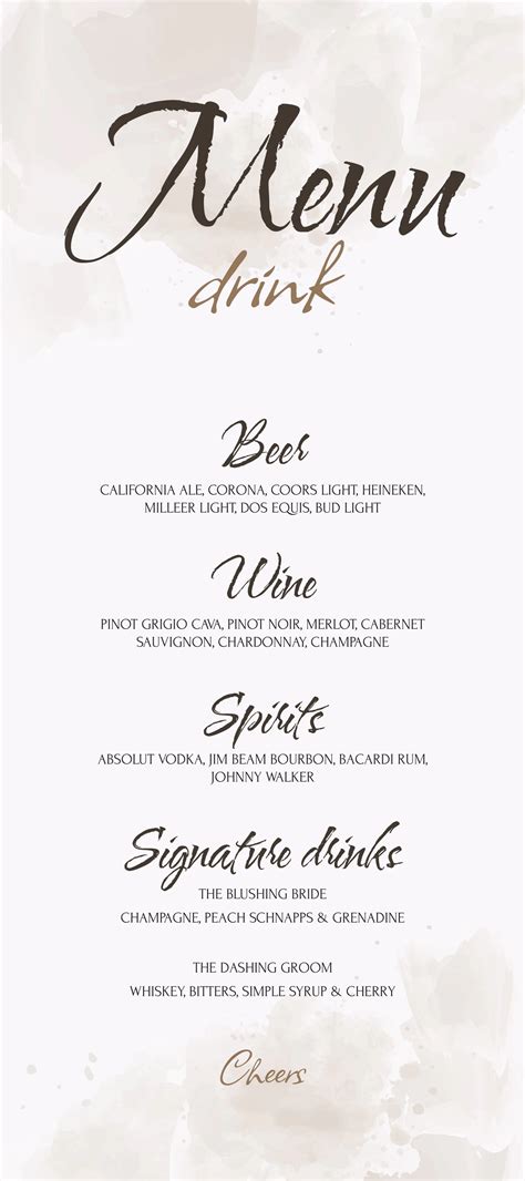 editable bar menu template  weddings christenings