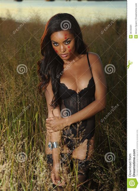 Beautiful African American Woman Wearing Black Lingerie