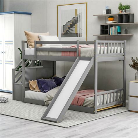 Twin Over Twin Bunk Bed Frame With Convertible Slide And Stairway