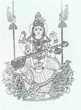 Saraswati Maa Goddess Deuses Indianos Outline Sketches Drawings Hindu Kerala Paintings Orientais Contorno Meus Tatuagens Lord sketch template