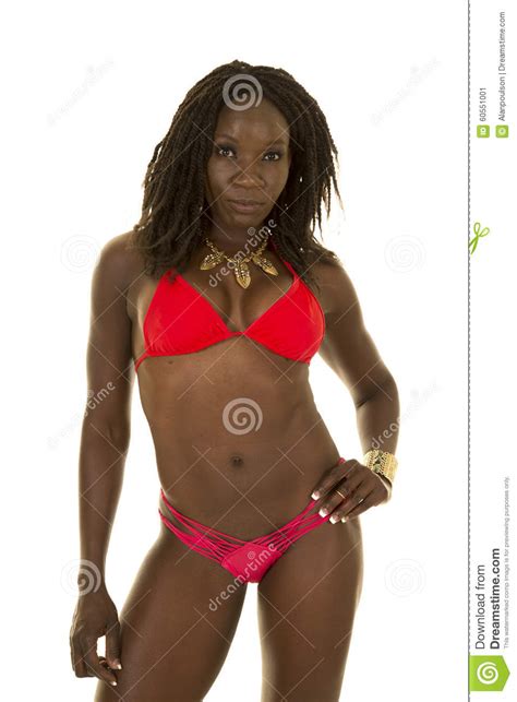 African American Woman Red Bikini Front Serious Stock