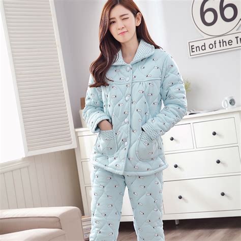 winter pyjamas cotton 3 layers quilted pajamas female thicken keep warm
