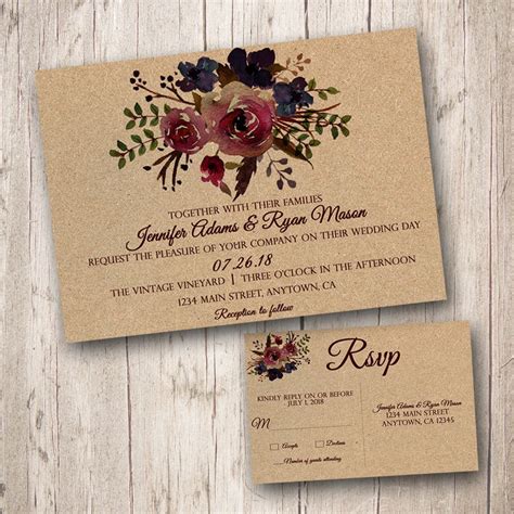 amazoncom rustic wedding invitations  rsvp cards burgundy wedding invitations kraft