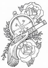 Tattoo Coloring Pages Gun Flash Drawings Rose Drawing Tattoos Stencils Old School Deviantart Unibody Pistol Color Stencil Steampunk Outline Compass sketch template