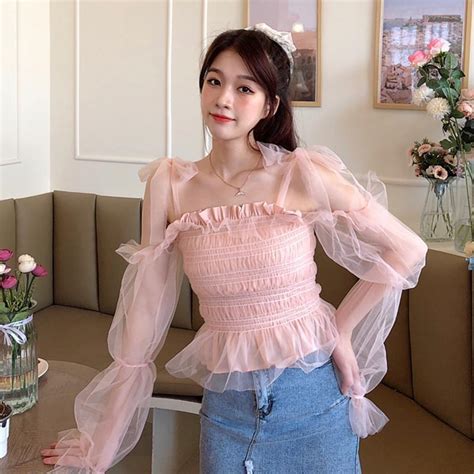 Women S Sweet Pink Off Shoulders Ruffles Mess Tops Kawaiifashion