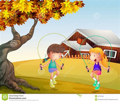 two girls playing jumping rope at the backyard stock vector illustration of brown ladies
