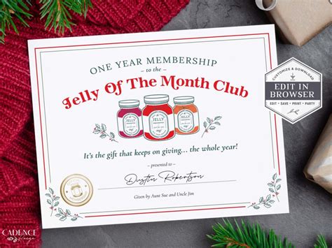printable jelly   month club certificate template  printable