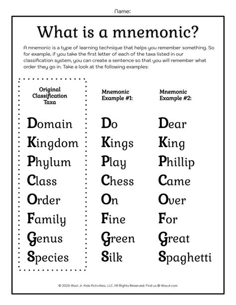 taxonomy mnemonics printable worksheet woo jr kids activities