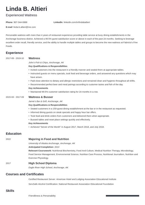 cv waitress   experience sample resume  college students