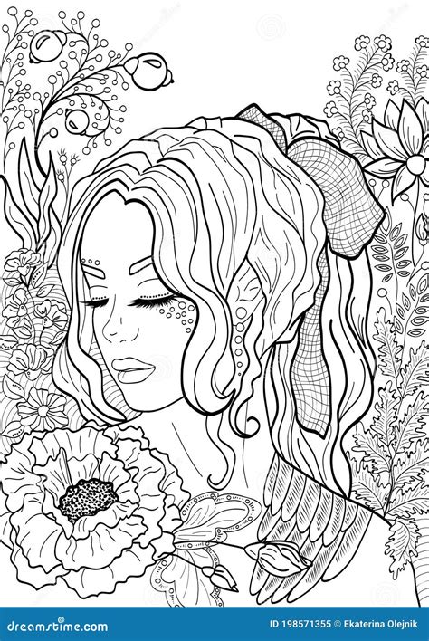 printable colouring page lineart  girl  flowers stock photo