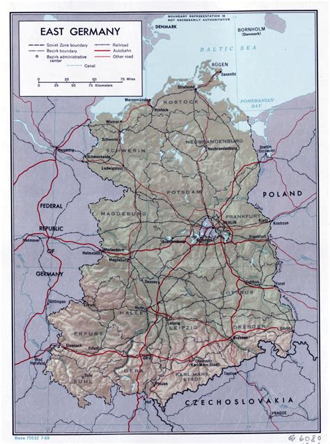 large political  administrative map  east germany  relief roads railroads  major