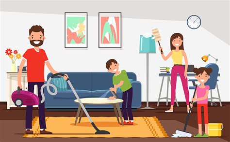 Flat General House Cleaning Vector Illustration Stock
