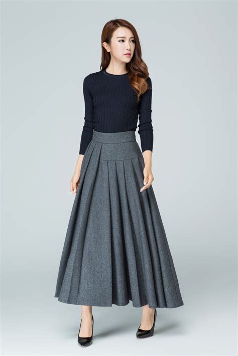 wool skirt  size skirt long skirt grey skirt pleated