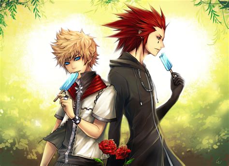 all male axel blonde hair blue eyes flowers green eyes ice cream kingdom hearts male red hair