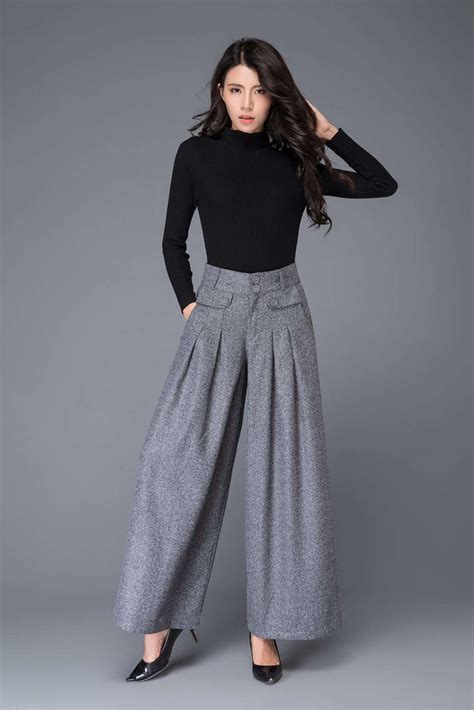 wide leg pants wool pants palazzo pants  gray maxi wool pants