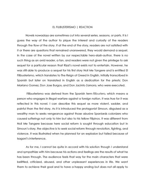 reflection paper  tagalog el filibusterismo reaction paper  xxx