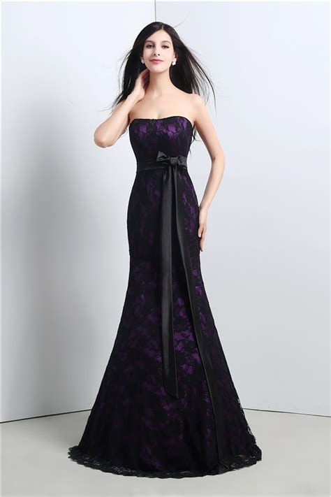 mermaid strapless corset purple satin black lace evening prom dress