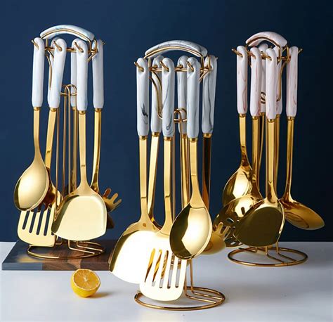 utensil set kitchen cooking tools set  stand rack shiny gold