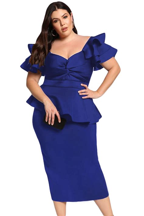 New Royal Blue Plus Size Tiered Sleeve Twisted Peplum Dress