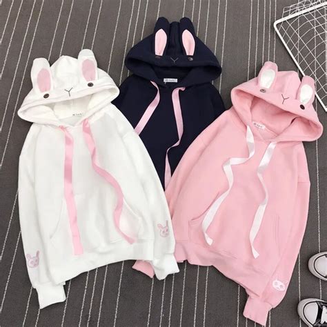 fashion cute women hoodies pink rabbit ears long sleeve loose hooded