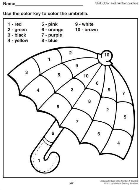 color  numbers umbrella math coloring worksheets kindergarten