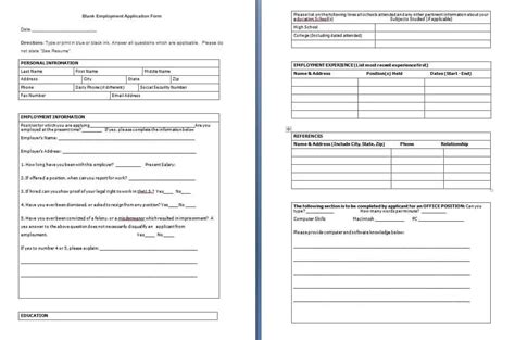 blank employment application form  formats excel word