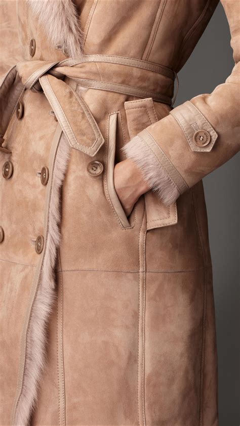 burberry long shearling trench coat  natural lyst