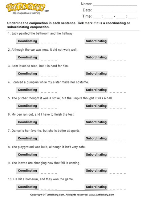subordinating conjunctions worksheets  grade