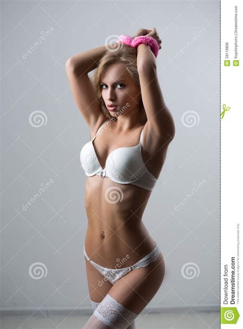 Woman In Underwear Bite Handcuffs Bdsm Sex Toy Stock