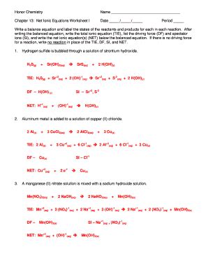 honors chemistry net ionic equation worksheet answers fill