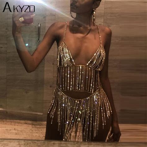 akyzo sexy metal chain silver rhinestone dress women summer tassel