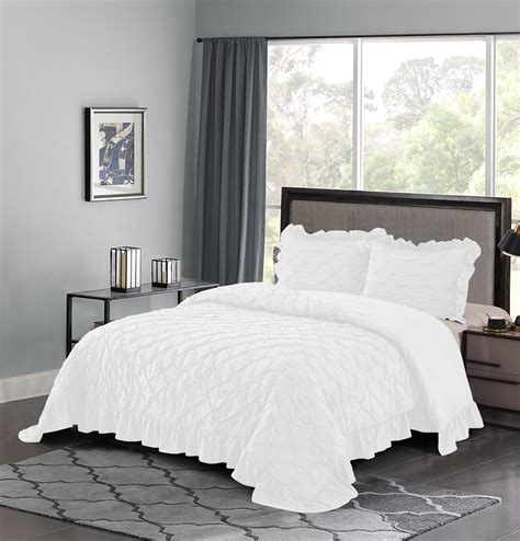 piece pinch pleated  white comforter set king pintuck ruffled super soft hypoallergenic