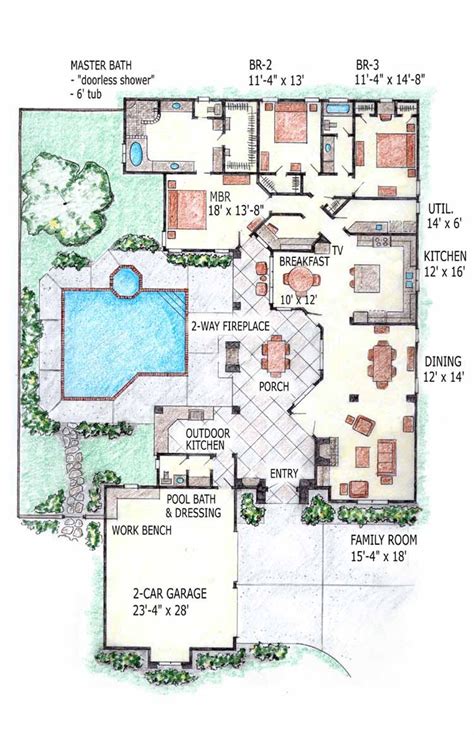 plansjpg   pool  covered patio pool house plans luxury ranch house plans