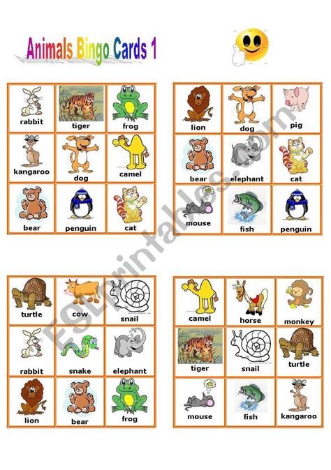 animal bingo cards  esl worksheet  petili