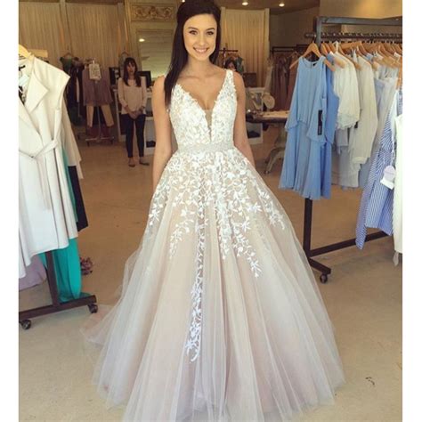 sexy deep v neck a line long prom dress princess beaded lace appliques gray prom dress low