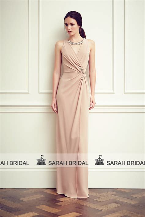 simple elegant nude long chiffon evening dress grace champagne pleated v neck evening gown cheap