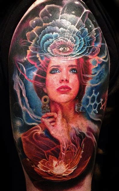 Illustrative Style Colored Shoulder Tattoo Of Woman Face With Mystical