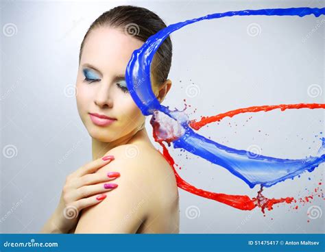 beautiful girl  colorful paint splashes stock image image