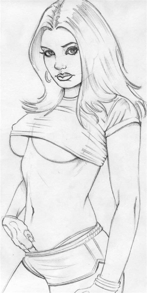 a pencil drawing of a woman with long hair and no shirt on standing in