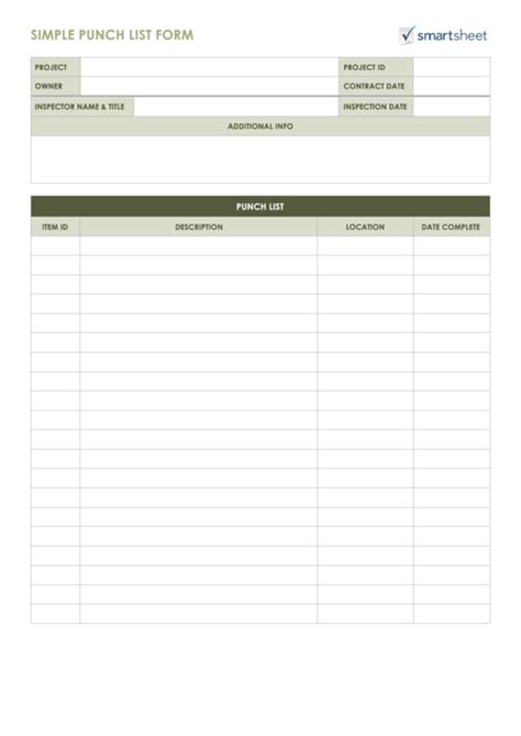 fillable simple punch list form printable