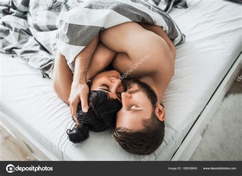 Loving Couple Bed Having Sex Guy Girl Hugging Bed Couple