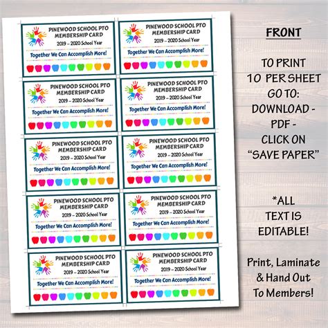 editable membership cards template volunteer pto pta form printable