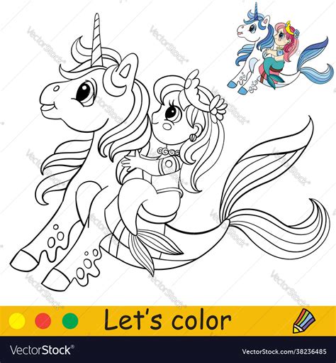 coloring cartoon cute mermaid riding  sea unicorn