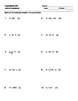 solving  specific variable worksheet  solve   unknown