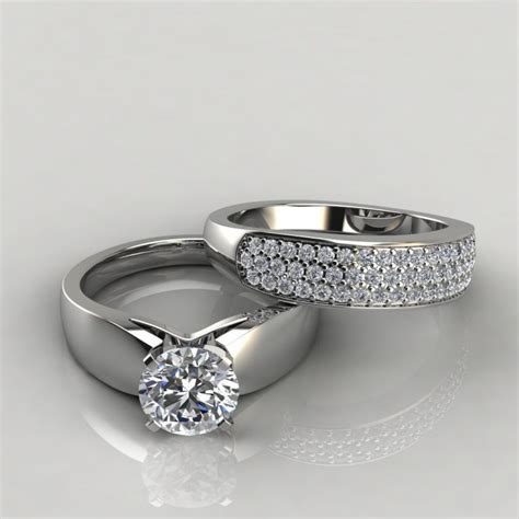 Moissanite Wide Band Engagement Ring And Wedding Band Bridal Set