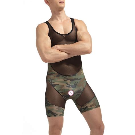 one piece men mesh bodysuit sexy underwear camouflage exotic lingerie