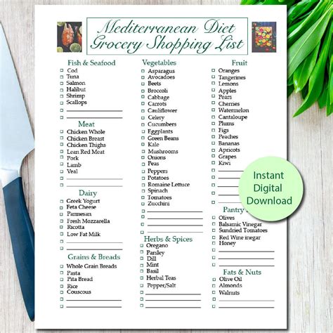 printable mediterranean diet grocery shopping list heart healthy