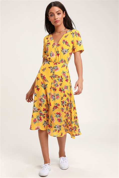 yellow floral print dress button front dress midi dress lulus