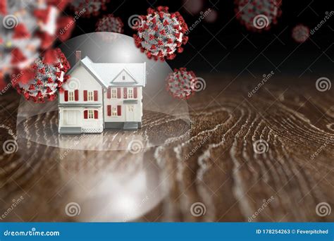 house  protective dome surrounded  floating coronavirus molecules stock image image