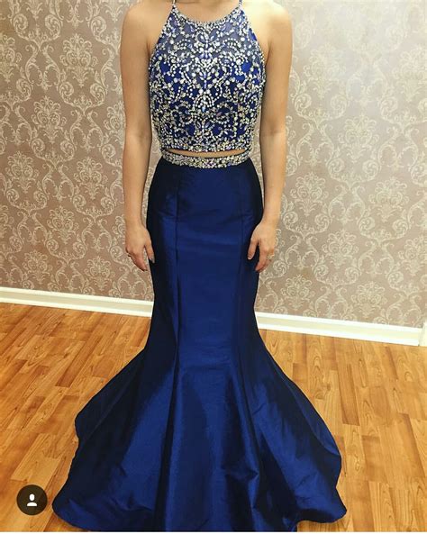 blue two piece taffeta mermaid prom dress evening gown with beaded crop top on luulla